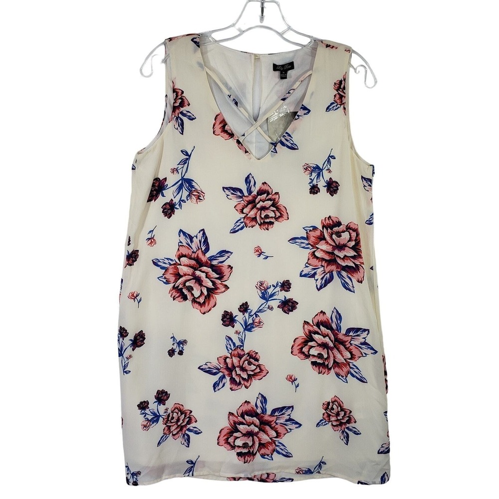 Lily Rose Womens‎ Medium Floral Print Sleeveless Dress Cream Pink Blue Office